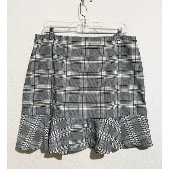 LOFT Skirt Womens 12 Gray Plaid Ruffle Hem Mini Academia Preppy Normcore Boho - Picture 5 of 8